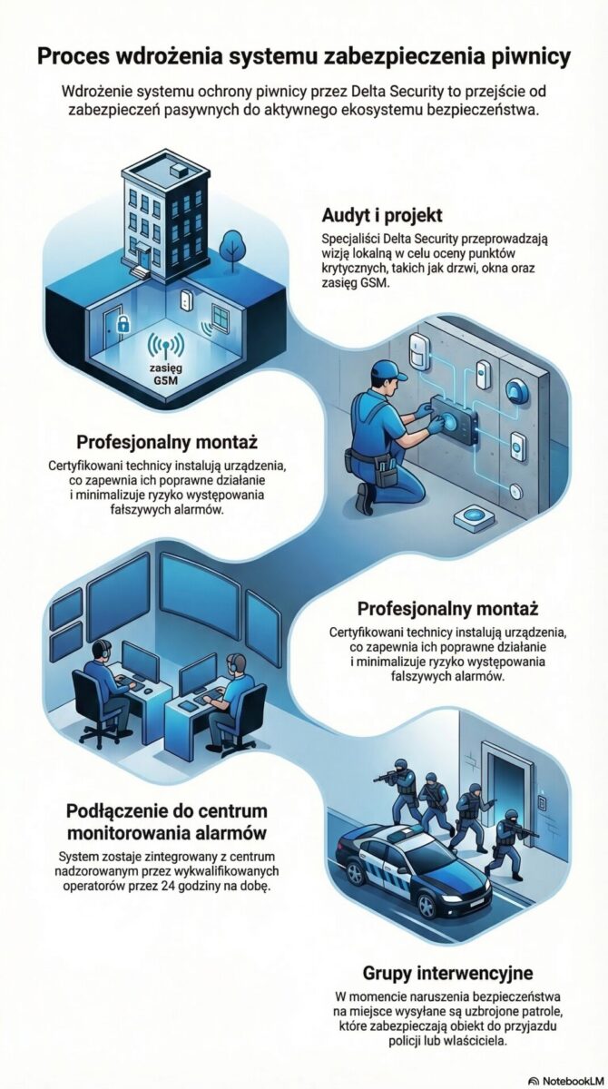 Infografika prezentująca proces wdrożenia systemu zabezpieczenia piwnicy przez agencję Delta Security