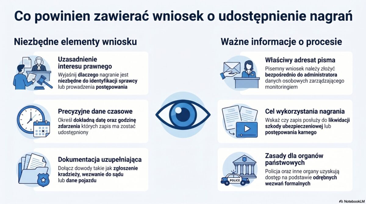 Co powinien zawierać wniosek o udostępnienie nagrań - infografika