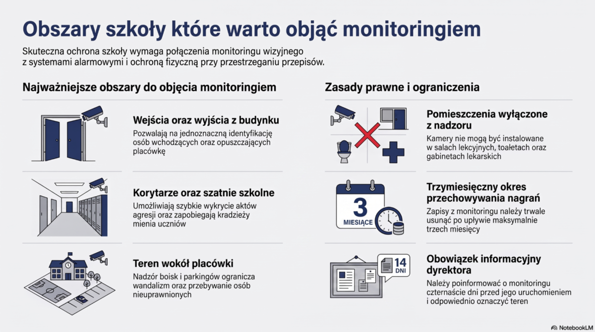 Obszary szkoły, które warto objąć monitoringiem - infografika