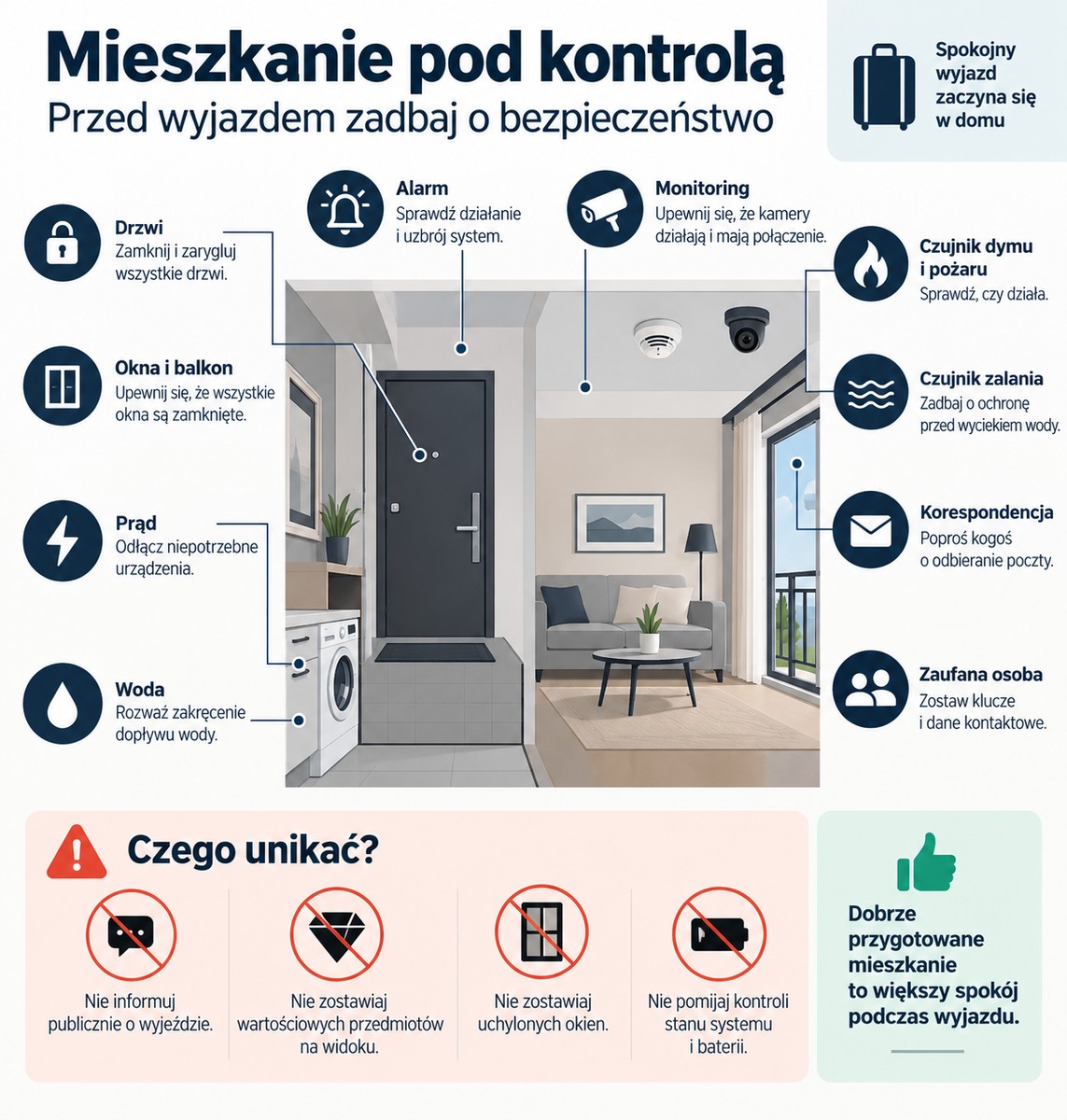 Mieszkanie pod kontrolą, przed wyjazdem zadbaj o bezpieczeństwo - infografika